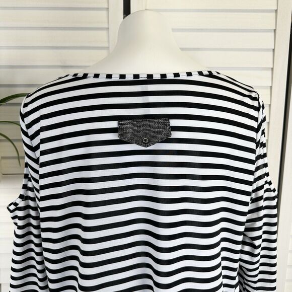 IC‎ by Connie K Black White Stripe Cold Shoulder Blouse Top Lagenlook Size L - Picture 6 of 9